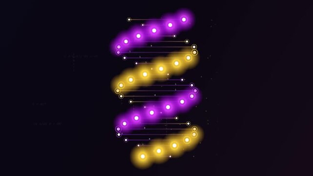 Glowing dna strand model rotating with digital data code and physics formulas