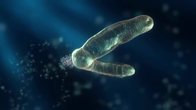 Microscopic single celled organism swimming through glowing blue watery background with sparkling