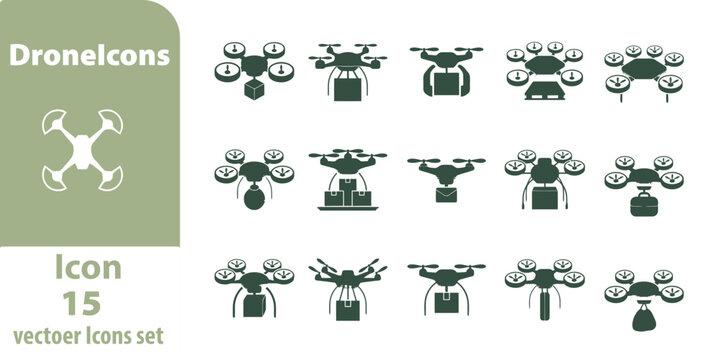 Set of fifteen dark green drone showing quadcopters and hexacopters carrying various packages, boxes, and mail on a light background