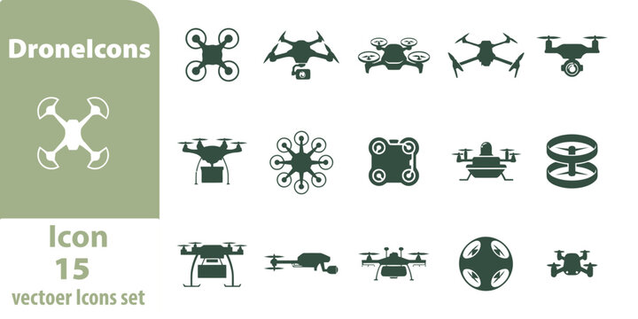 Set of fifteen flat dark green drone including various quadcopter and multicopter silhouettes on a light beige background