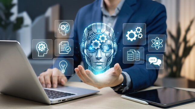 Businessman holding holographic AI robot head with floating tech icons, artificial intelligence future technology, digital transformation innovation, smart automation solution
