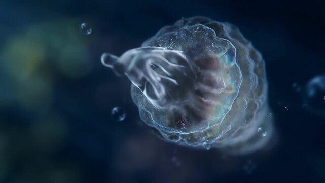 Microscopic single celled organism swimming through dark blue watery background