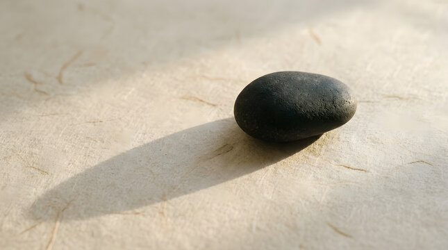 Single black stone on textured sand surface