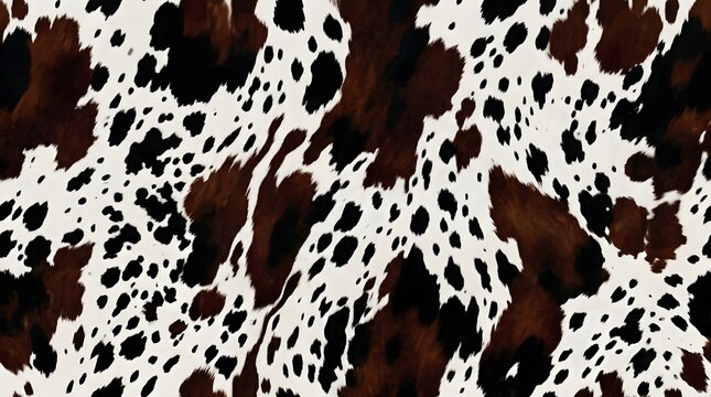 close up of brown and black cowhide pattern with irregular spots and textured fur background