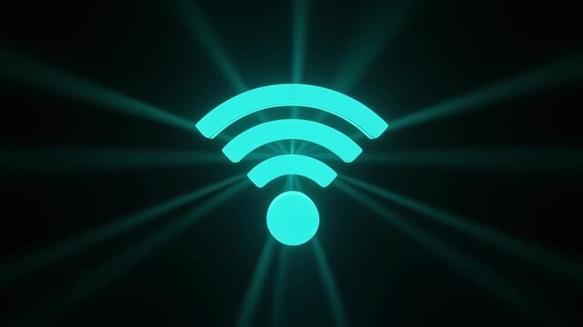 Glowing turquoise Wi‑Fi icon emitting radiant beams on dark background, symbolizing digital communication, connectivity, and modern wireless technology aesthetics.