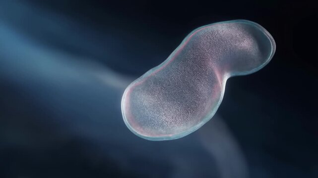 Microscopic single celled organism gliding through dark blue space with ethereal light trails