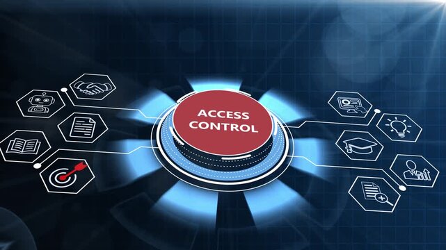 Network access control management security interface display with a glowing 3D cybersecurity dial button and identity authorization nodes on a dark digital backdrop
