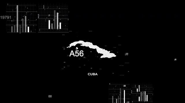 Cuba map animation showcasing economy, infrastructure, technology, population, energy, trade, and national development data for presentations, films, documentaries, and motion graphics.