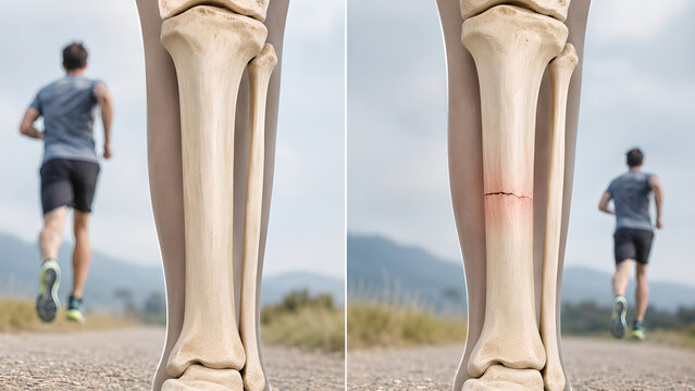 Stress fracture bone comparison with normal tibia and injured shin anatomy, photorealistic medical illustration for healthcare, running injury education, radiology, and patient communication