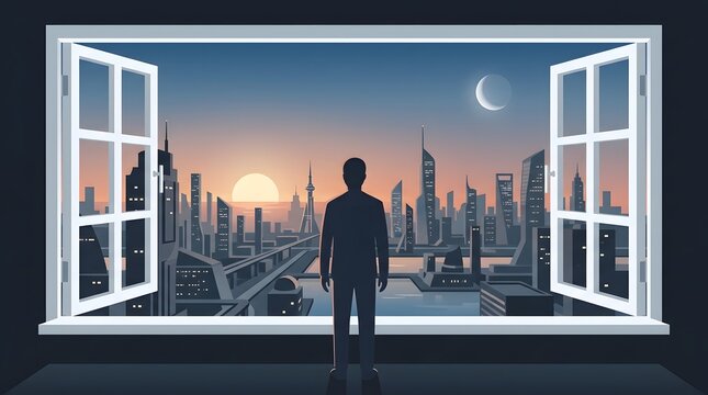 Futuristic city view from window, person looking at cyberpunk skyline, and dual lunar phase at sunset vector illustration