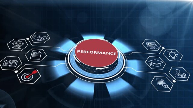 System performance tracking and network infrastructure metrics screen featuring a glowing 3D cyber dial button and optimization nodes on a dark tech backdrop