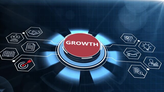 Global business growth trend and economic expansion dashboard template featuring a glowing 3D cyber dial control button and analytics nodes on a dark tech backdrop