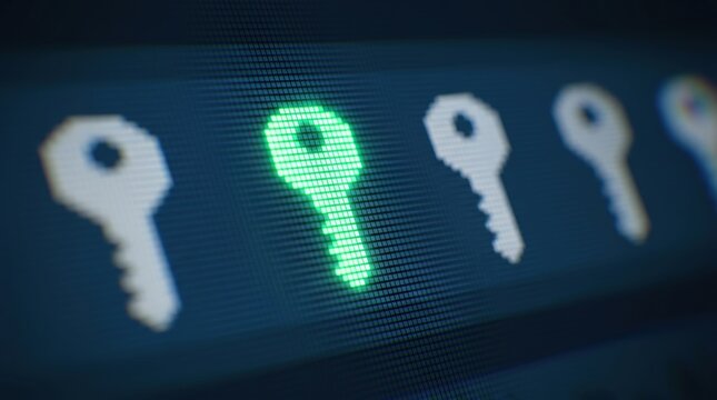 Digital security concept featuring glowing green pixelated key icon on computer screen representing password protection and encryption