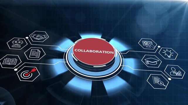 Futuristic enterprise collaboration and team networking interface display with glowing 3D control dial button and shared workspace nodes over a dark technology background