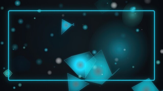 Neon blue rectangle frame with glowing triangles and bokeh for futuristic design.