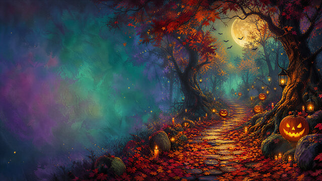Enchanted Halloween Forest Path with Glowing Pumpkins, Autumn Leaves, Moonlight, Mist and Colorful Painterly Fantasy Landscape