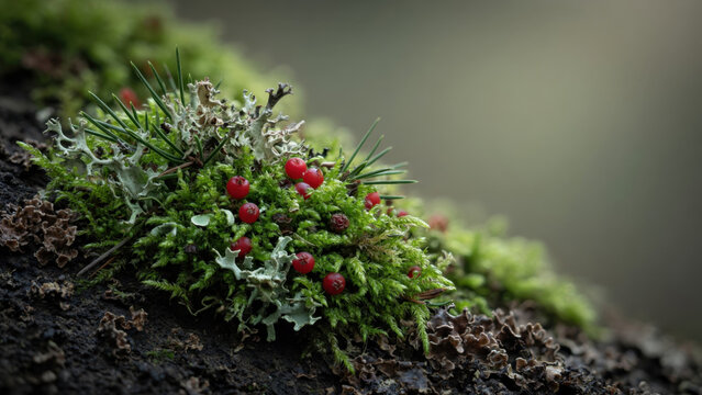 Moss lichen red berry forest floor macro nature green closeup woodland fungus Moss lichen red berry forest floor macro nature green closeup woodland fungus Foraged natural Christmas decor concept