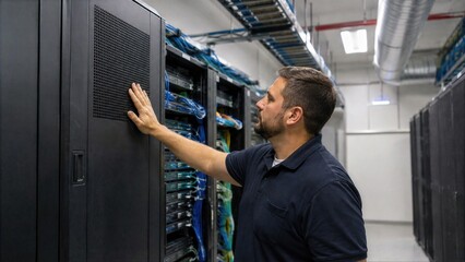 Fototapeta premium IT Technician Touching Server Rack Cabinet In Data Center