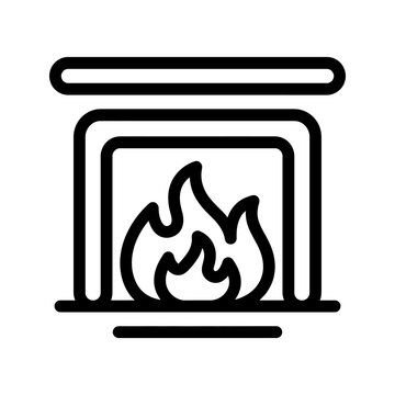 Fireplace with burning flames and chimney for home heating icon.