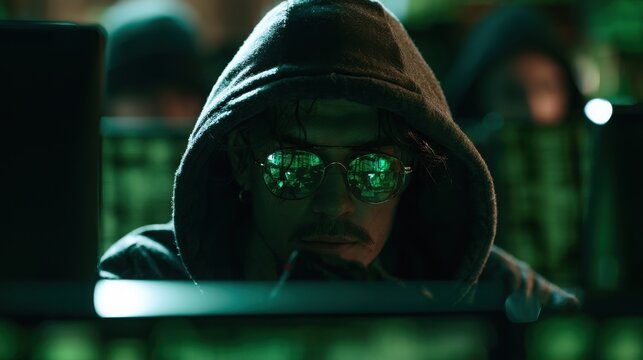 Programmer wearing a dark hoodie and reflective glasses sits before bright monitor screens that illuminate his face with cool emerald hues while he works on complex software in a dim workspace.