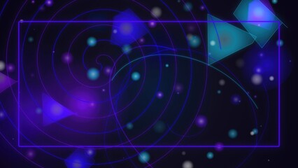 Obraz premium Blue spiral orbits and geometric triangles with glowing particles on a dark background frame