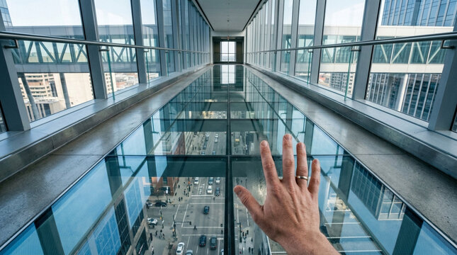 Glass skywalk over city street, vertigo perspective, modern architecture, urban cityscape