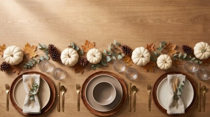 Obraz premium Elegant Thanksgiving Table Setting with White Pumpkins and Natural Decor