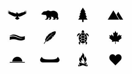 Fototapeta premium Minimalist black icons set with camping symbols against plain white background representing wildlife natural showcases clean high high contrast grid