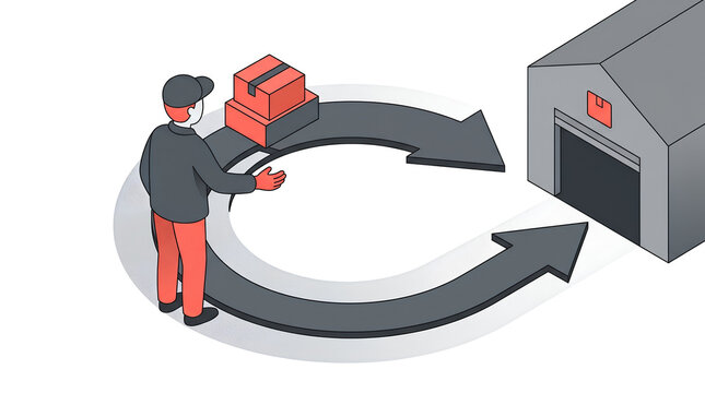 An isometric illustration depicting a delivery person with packages and a warehouse, connected by circular arrows symbolizing a return or delivery logistics cycle.