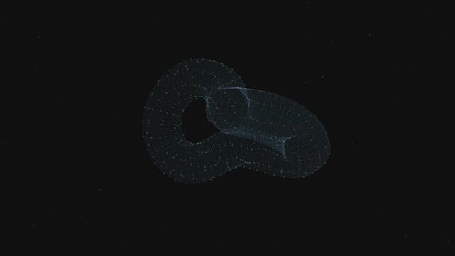 Rotating digital wireframe torus shape floating in dark space creating smooth motion animation background screen capture