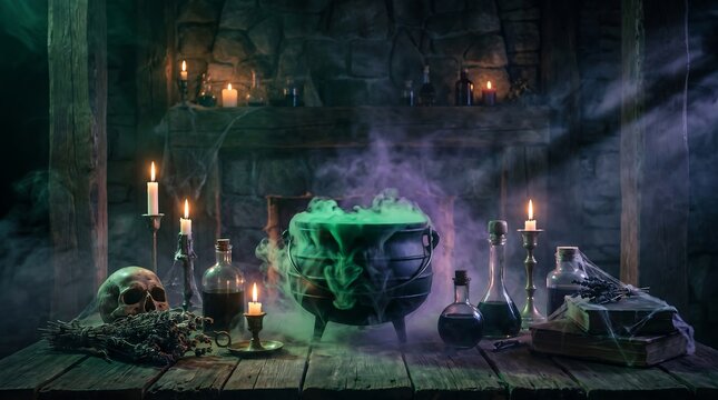 A magical witch cauldron bubbling with green potion on a dark spooky table for halloween night