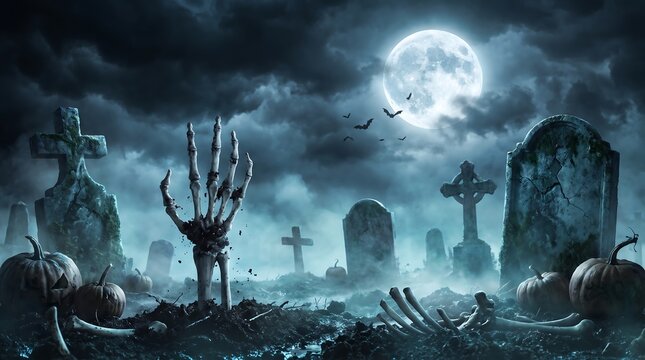 Spooky halloween graveyard scene with a full moon and skeleton hands rising from the dark ground