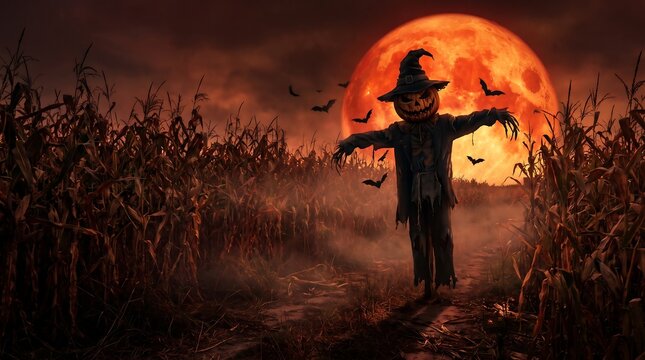 Spooky halloween scarecrow standing in a dark cornfield under a glowing full orange moon background