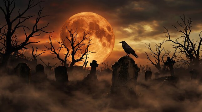 Spooky halloween graveyard scene with a large glowing full moon and a perched black crow