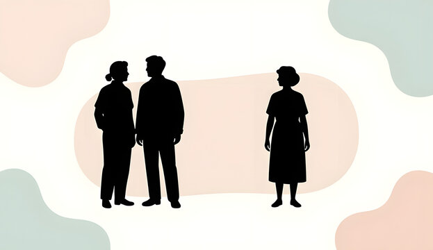 Silhouette of Couple Talking and Lonely Woman standing Alone, Relationship Exclusion and Loneliness Concept