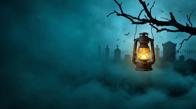 An old glowing lantern hanging from a tree in a spooky misty graveyard for halloween night