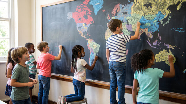 Diverse group of happy school children drawing a colorful world map on a black chalkboard in class