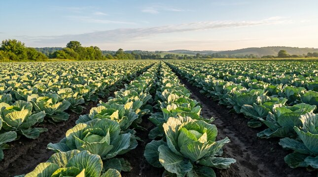 Endless rows of fresh green cabbage growing in a fertile agricultural field under clear morning sky