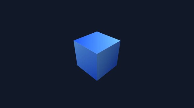 Blue cube with smooth surfaces centered on a dark background, illuminated from the upper left, casting subtle shadows, digital rendering, isolated geometric shape.