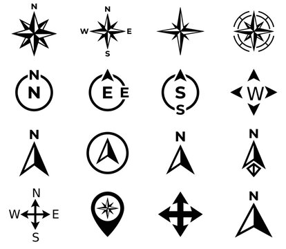Collection of navigational wind rose and directional compass icons with navigation direction collection location orientation wayfinding geographic elements adventure