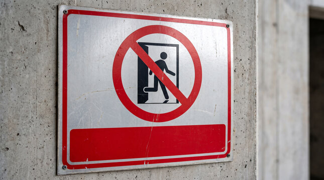Do not enter sign with a running person icon on a grey concrete wall