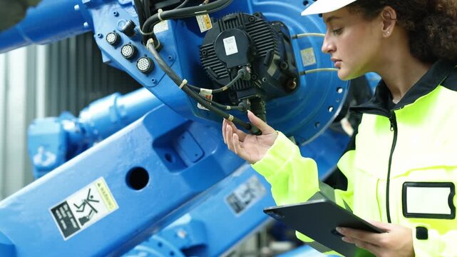 Female robotics engineer inspects the pivot point electric welding robot in front factory where robot arms are assembled and electronic components are installed using tablet record data.