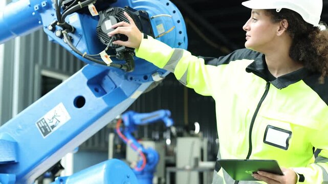 Female robotics engineer inspects the pivot point electric welding robot in front factory where robot arms are assembled and electronic components are installed using tablet record data.