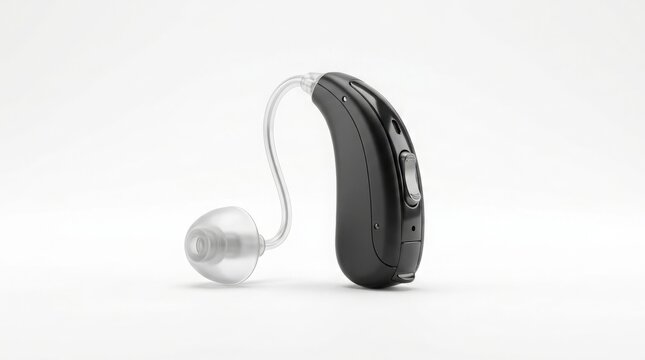 Hearing aid device features a sleek black frame and a soft transparent silicone dome designed for medical accessibility, capturing the intersection of health technology and comfort.