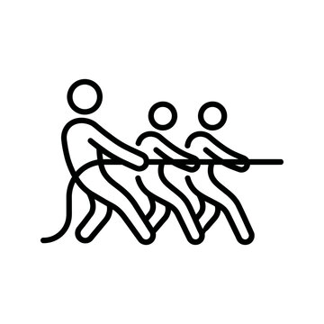 Tug of war team effort black line icon depicting collective human force.