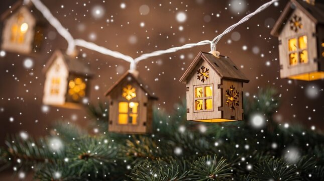 Glowing miniature wooden house string lights hanging above evergreen pine branches during winter snowfall