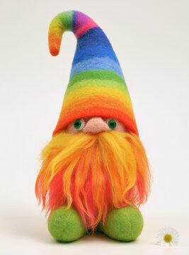 Colorful handmade felted rainbow gnome doll with a tall striped hat and long orange beard isolated on a white background.