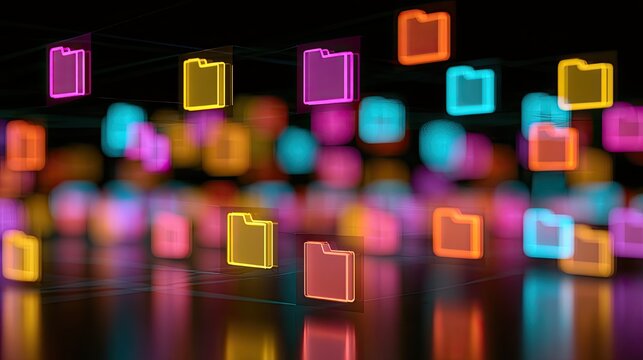Glowing digital folders in a network, abstract data organization
