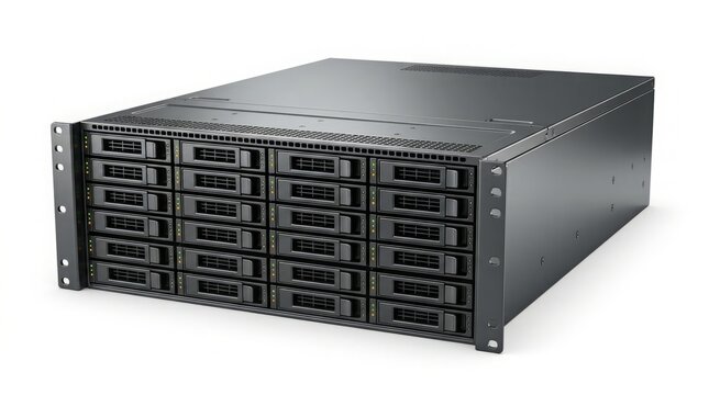 Server storage rack unit consists of multiple high density drive bays housed in a sleek matte black metal chassis engineered to provide reliable data management for modern enterprise.