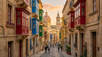 Fototapeta premium Charming Street with Colorful Balconies in Valletta, Malta at Golden Hour